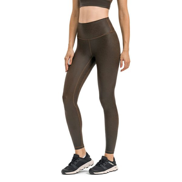 L03DFF women's high-waisted yoga pants with matte leather texture for gym and exercise, offering tummy control in plus sizes
