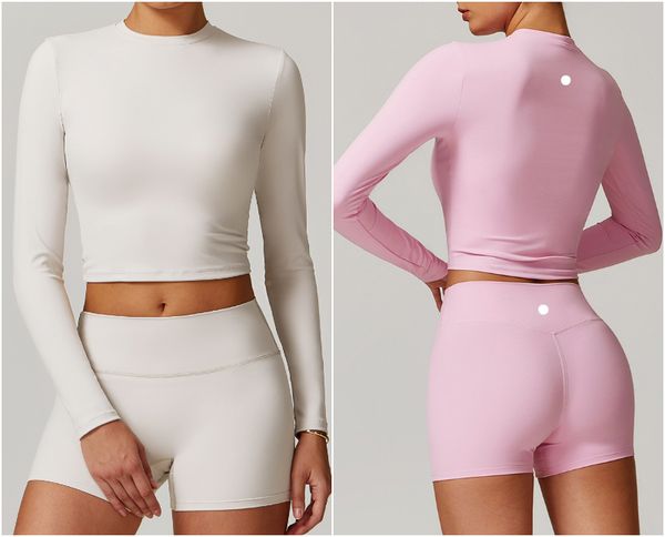 Ladies' yoga set with high-waisted elastic shorts and fitted long-sleeve top for gym, running or casual wear