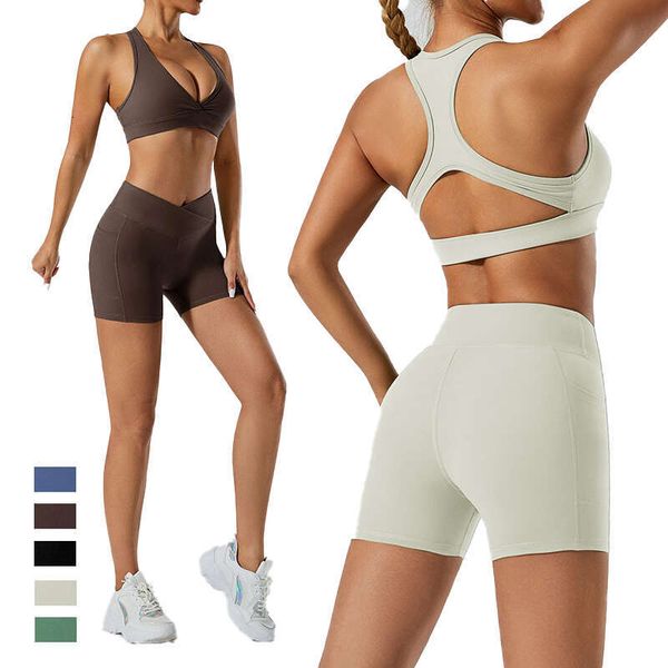 Lemon Biker Pocket V Cut Waist Fiess Girl Bra Set Scrunch Butt Seamless Yoga Sport Women Running Gym Shorts Para Mujer Align Workout oz