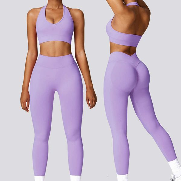 Lemon LL Gym Sport Ru 2-piece set: seamless halter yoga leggings with scrunch butt lift and matching sports bra