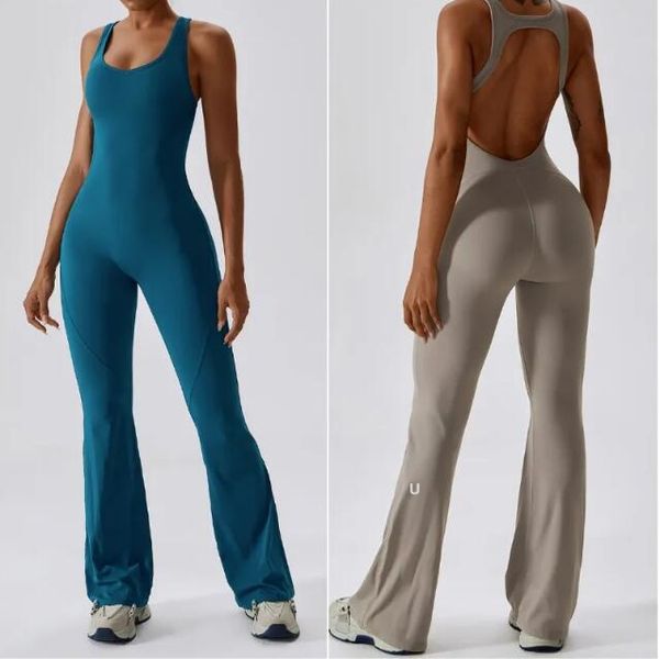 Lemon-2138 Women's sleeveless jumpsuit features a form-fitting yoga design with long, breathable bell-bottom pants for quick-drying comfort during dance workouts
