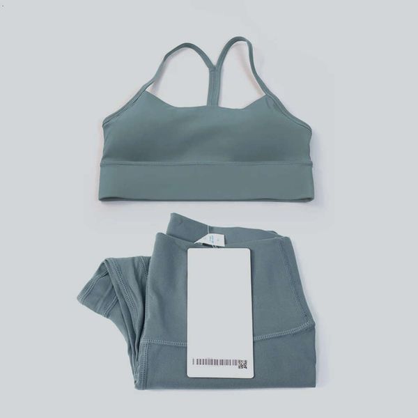 Lemon-colored women's activewear set featuring a Y-shaped sports bra and high-waisted leggings for workouts