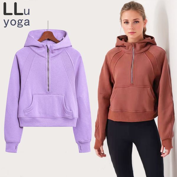 LL Autumn/Winter New SCA Women's Yoga Sports Casual Plush Half Zip Coat Plush Hooded Top Pullover Sweater Warmth Windproof Running Loos