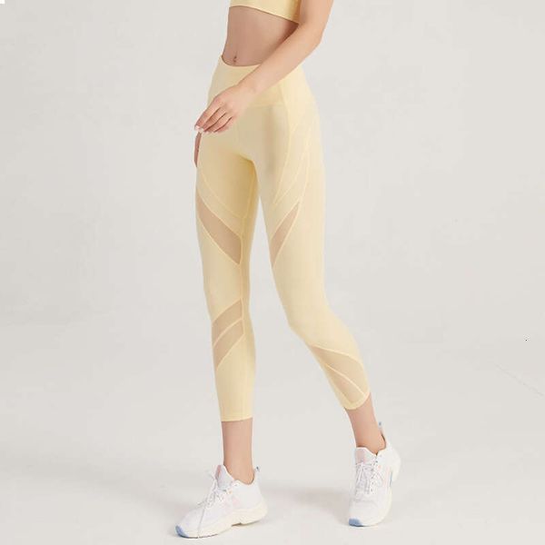 Ll Yoga Cropped Designer High-rise Capris with Nude Mesh Panel, Elastic Hip Lift, and High Waist for Summer Running and Fitness