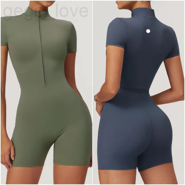 LM8294 Women's Yoga Outfit Jumpsuit Short Sleeve Tight Dance Bodysuit Short Pants Breathable Leggings Pant Zipper Tracksuit