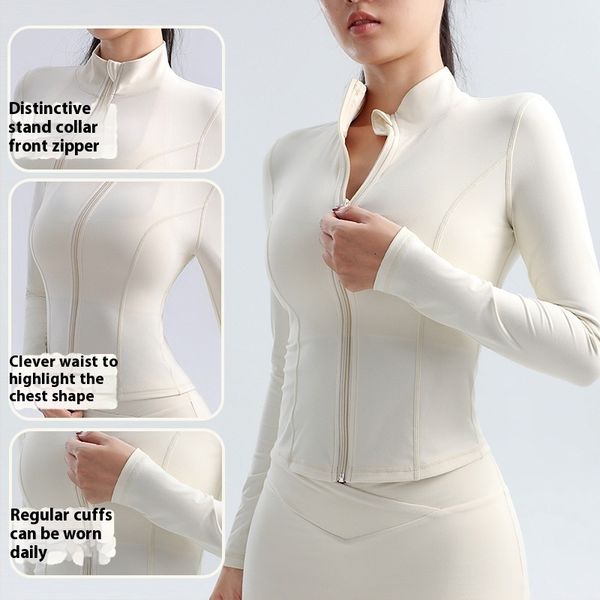 Long-sleeved slim-fit elastic zip-up top for autumn and winter outdoor activities, running, and yoga