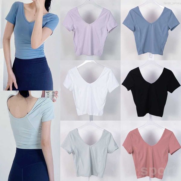 Lu Align Lu Girl Yoga Fitness Tshirt Sports Short Sleeved Women Running V-Neck Top Exercise Swiftly Tech Quick Dry Tee Running Sexy Gym Popu
