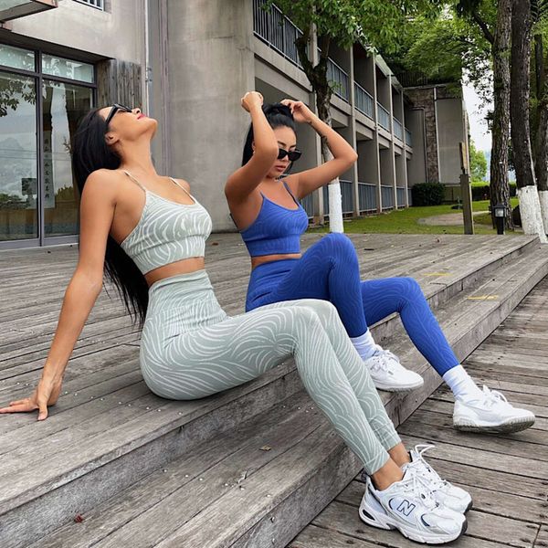 Lu Set Jumpsuit Align Lemon Seamless Yoga Set Women Wavy Pattern Sport Bra Tops Fiess High Waist Leggings Wear Two Piesce Suit Workout Outfits