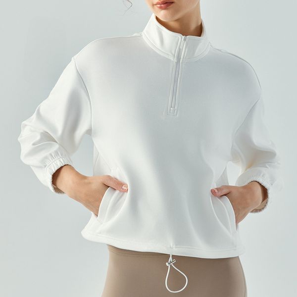 Lu Sport Align Sweatshirts AL Yoga Mock Neck 1/2 Zip Cropped Jacket Women Laidback Streetwear Air Layer Sports Coat Drawstring Hem Jogger J