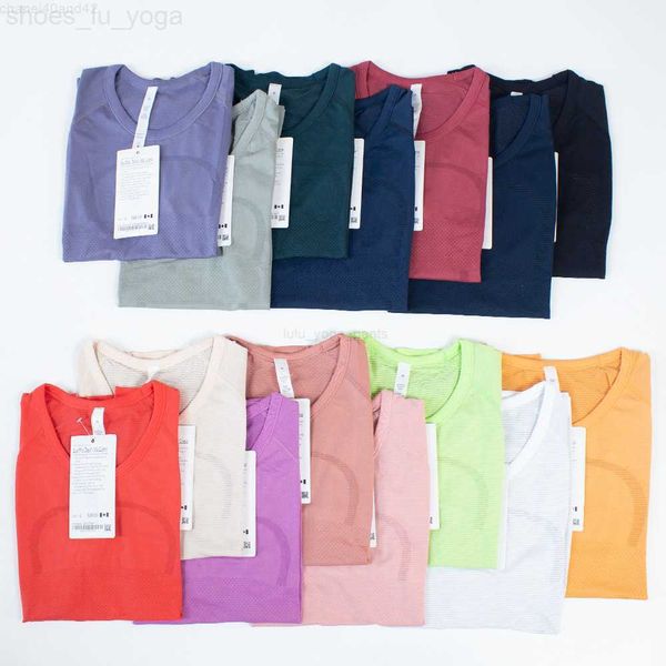LU Women's Solid Color Yoga T-Shirt with Shaping Waist for Fitness and Jogging