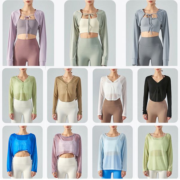 lu-343 athletica women's loose breathable yoga blouse with long sleeves in white, black, khaki, brown, baby blue, celery, and sun-protective colors
