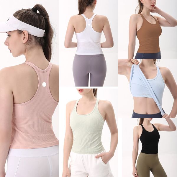 LUwomen-748 O-Neck Tank Top Yoga Workouts Fiess Sports Ribbed Vest Quick Dry Breathable Gym Tops