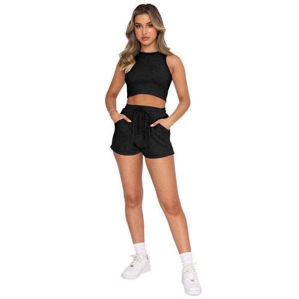 Luxury women's 2-piece yoga set with breathable vest and quick-dry drawstring shorts for fitness and running