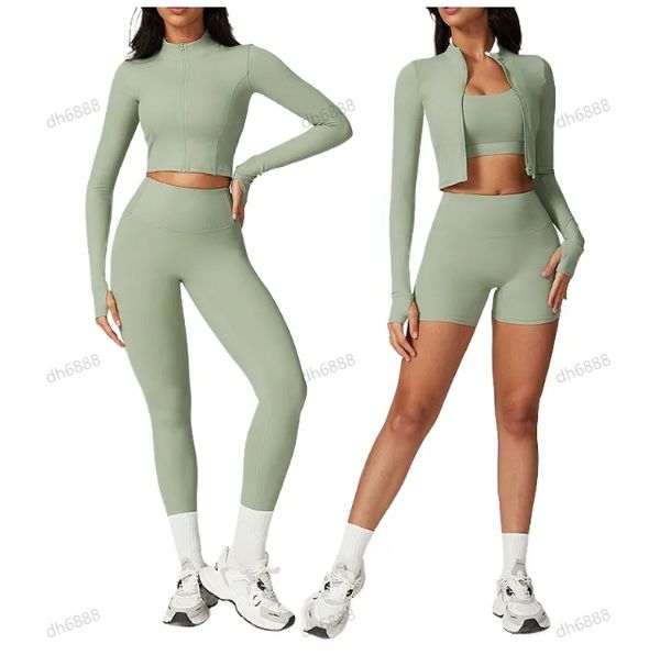 Lycra fabric women's three-piece yoga set with jacket - stretchy gym activewear including vest, pants, and jacket
