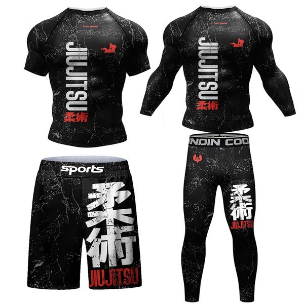 MMA Jiu Jitsu T-shirt and Pants 4-piece Set for Men - BJJ Gi Rashguard with Brazilian Grappling Shorts for Gym and Muay Thai Training