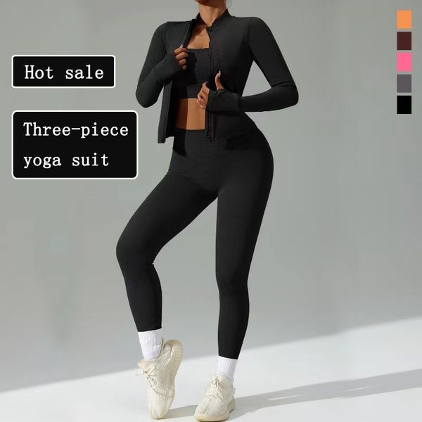New form-fitting women's sportswear set, quick-dry breathable workout outfit, three-piece cardigan yoga ensemble, top-selling product