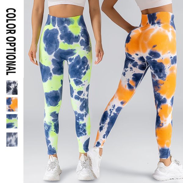 New seamless hip-lifting sports pants with hand-drawn drip dye design, high-waisted yoga wear for women, trending fitness apparel