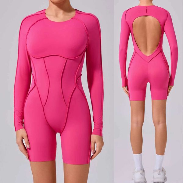 New women's tight nylon yoga set with V-back design and long sleeves for gym workouts