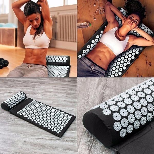 Non-slip yoga mats with acupressure spikes for muscle relief and relaxation, including a cushion and pillow