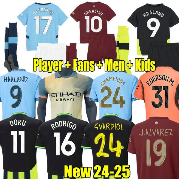 Player, Fans 24-25, Haaland soccer jerseys, men's Kovacic, Joao Cancelo kits for adults and kids, 2024 City, Grealish, De Bruyne, Ruben third, Bernardo