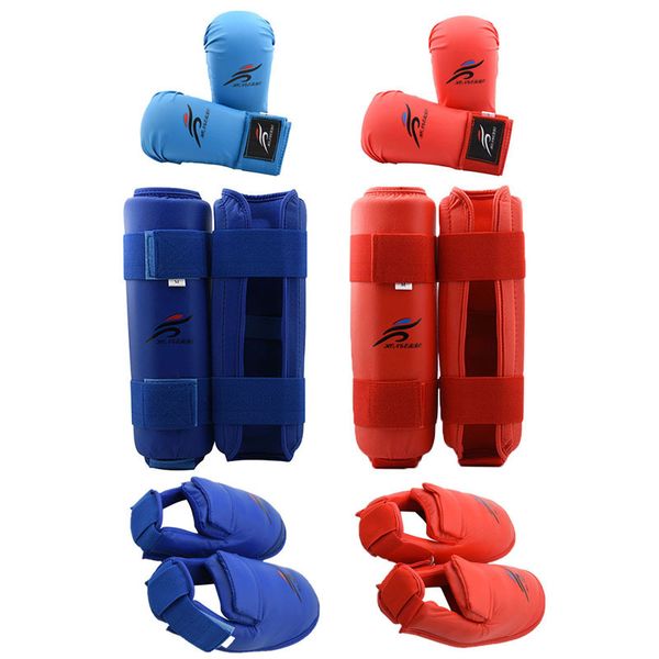 Protective Taekwondo sparring set with shin guards, hand and foot protectors, boxing gloves, and karate shoes for men, women, and kids