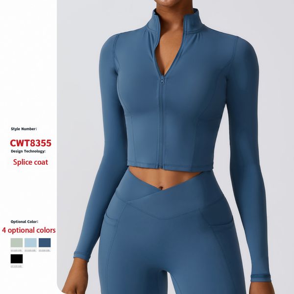 Quick-dry long sleeve yoga jacket with zipper, windproof for running and exercise, snug nude fitness attire
