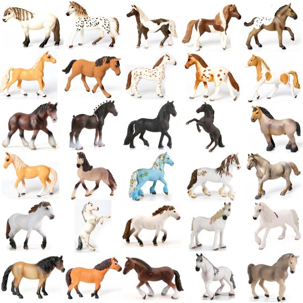 Realistic collectible horse figurines including Clydesdale, Mustang, Exmoor Stallion, and Spotted Horses for kids' farm animal toy collections