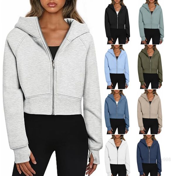 Scuba Crop Hoodie Womens Fleece Thickened Yoga Jacket Short Full Zipper Sport Hooded Loose Coat Cardigan Sweatshirt