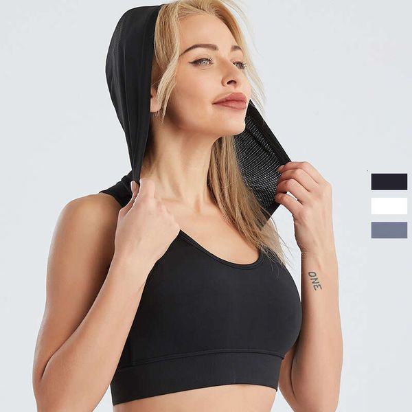 Seamless Black Yoga Sports Bra with Hooded Tank Top for Girls' Gym Workouts