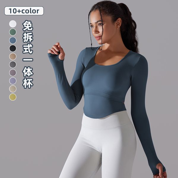 Seamless knit solid-color women's fitness top with split belly and side pockets for running and yoga