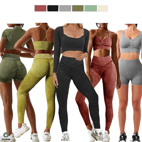 Seamless workout set for women with crop top, shorts, and scrunch leggings for gym and fitness activities