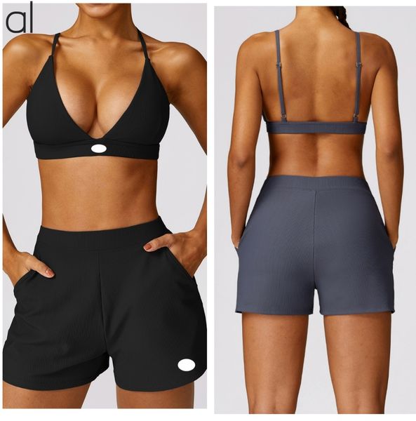 Sexy AL female yoga set with tight sports bra and quick-dry running shorts