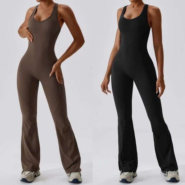 Sleeveless fitted women's yoga jumpsuit with long flared pants, quick-drying and breathable
