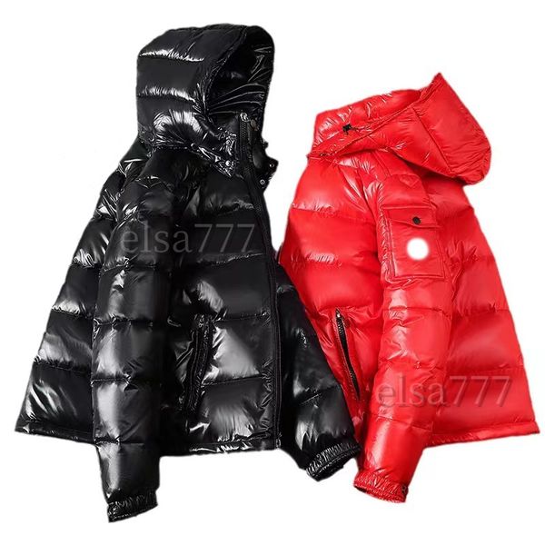 Slim-fit winter puffer jackets with hoods and embroidered badges, available in various colors for men and women