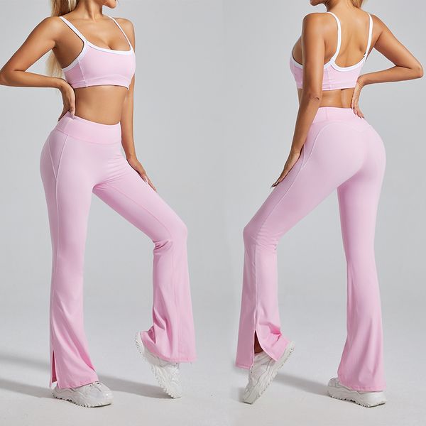 Slim-fitting summer yoga pants with a high waist, nude tones, and a flattering bell-bottom design for women's dance, fitness, and outdoor activities