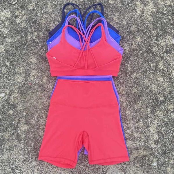 Solid Color Gym Bike Yoga Set Short Legging Cross Back Sport Bra 2pc Tracksuit Athletic Women Gym Suit Comprehensive Training JoXJ250109