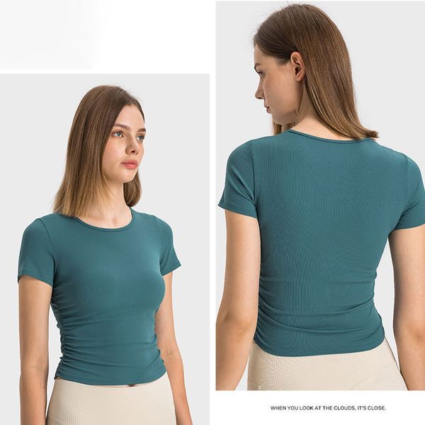 SPR Ribbed T-Shirt Cropped Yoga Tops Pleated Waist Crewneck Shirts Slim Fit Short-Sleeve Shirt Nude Sense Women Sweatshirt