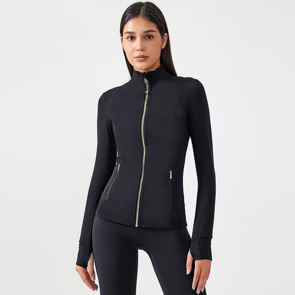 Stretch Gold Zipper Yoga Jacket with Stand-Up Collar, Long Sleeves, Thumb Holes for Women's Fitness Training and Running