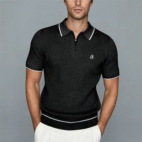 Summer men's solid color loose knit short sleeve polo shirt, sporty casual top