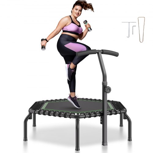 The 54.5-inch mini trampoline features a sturdy handle for safe indoor workouts and rebounding exercises