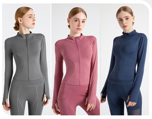 Top L89 zippered hooded jacket for women, ideal for yoga, running, and fitness with thumb holes and slim fit