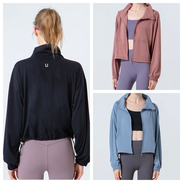 UU-934 Spring and Autumn New Stand Collar Drawstring Women Yoga Suit Coat Sports Loose Pocket Jacket Running Fiess Clothing