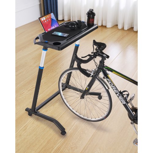 VEVOR foldable cycling desk with lockable wheels, multi-functional treadmill and bike trainer featuring non-slip surface and multiple slots