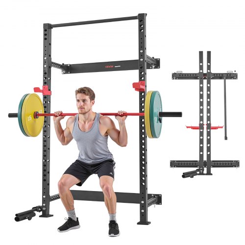 VEVOR Foldable Power Rack, Wall-Mounted Squat Stand, Multifunctional Strength Training Equipment with Landmine Attachment, Adjustable J-Hooks