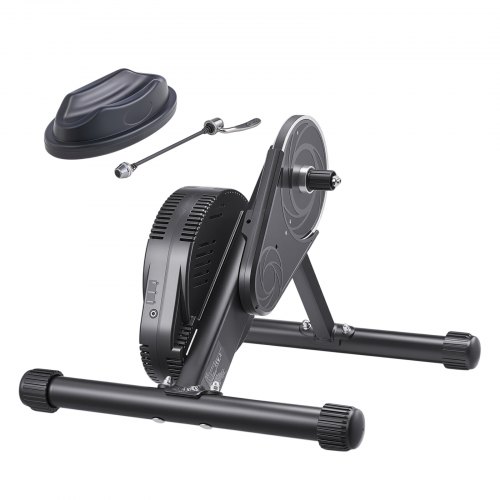 VEVOR indoor bike trainer with 1-13 resistance levels, fits 26-29 inch and 700C wheels, includes front wheel riser block for stationary cycling