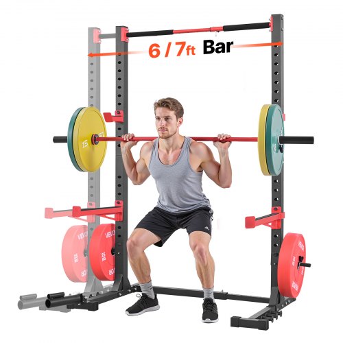 VEVOR Power Cage Rack, Multifunctional Squat Rack for Home Gym, Width-Adjustable Workout Strength Training Equipment with 6 Band Pegs, Landmine Attach