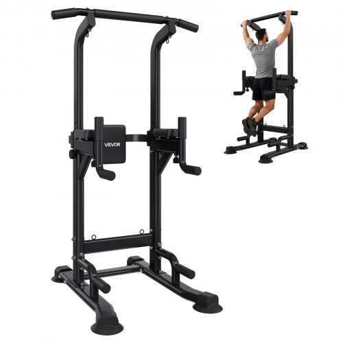 VEVOR pull-up bar with 330 lb capacity, power tower dip station featuring H-shaped sturdy base, back support, and 12-level height adjustment