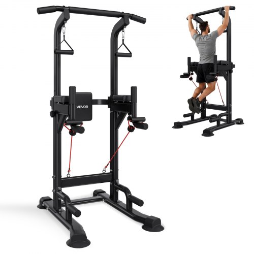 VEVOR pull-up bar with 330 lb capacity, power tower dip station featuring H-shaped base, back support, and 12-level height adjustment