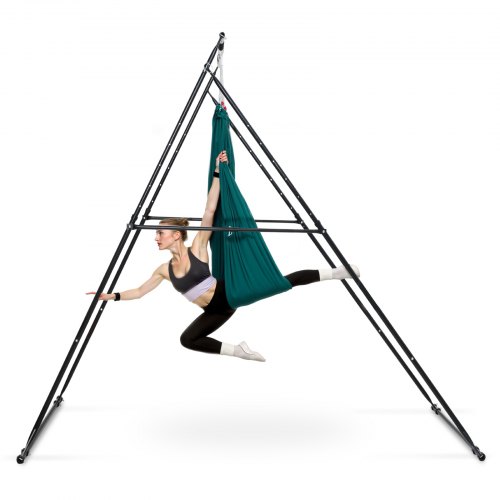 VEVOR yoga frame with 440.9 lbs capacity, triangular swing stand for pull-ups and aerial silks, includes EVA foam and 6.6-yard hammock