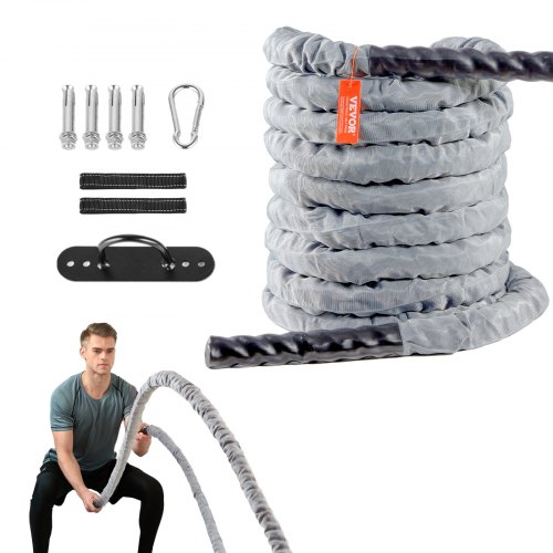 VEVOR's 1.5-inch thick, 30-foot long polyester battle rope features protective sleeves and an anchor for heavy-duty workouts